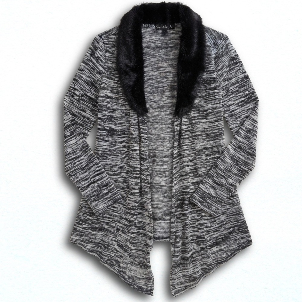 French Laundry Women Gray Black Marled Knit Faux Fur Collar Sharkbite Cardigan L